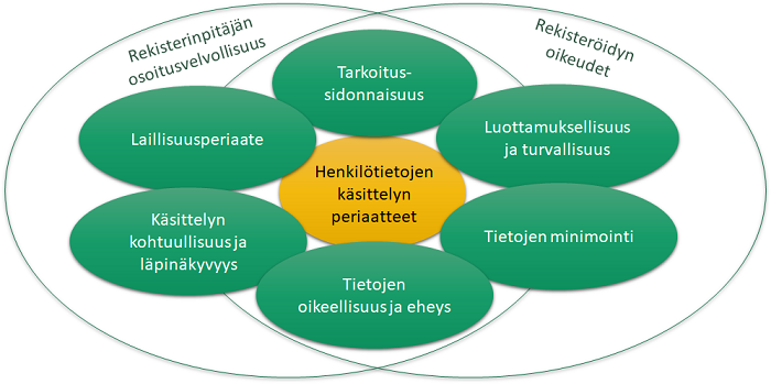 REDUn tietosuojaperiaatteet -kaaviokuva. Sisältö esitetty myös tekstissä.